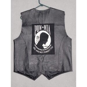 USA Leather Vest Mens Large Black POW MIA Motorcycle Military Veteran
